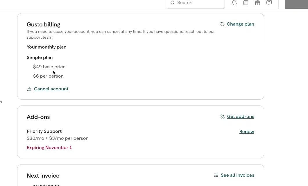 Gusto billing page showing the Simple plan at $49 base price plus $6 per person, with a Priority Support add-on